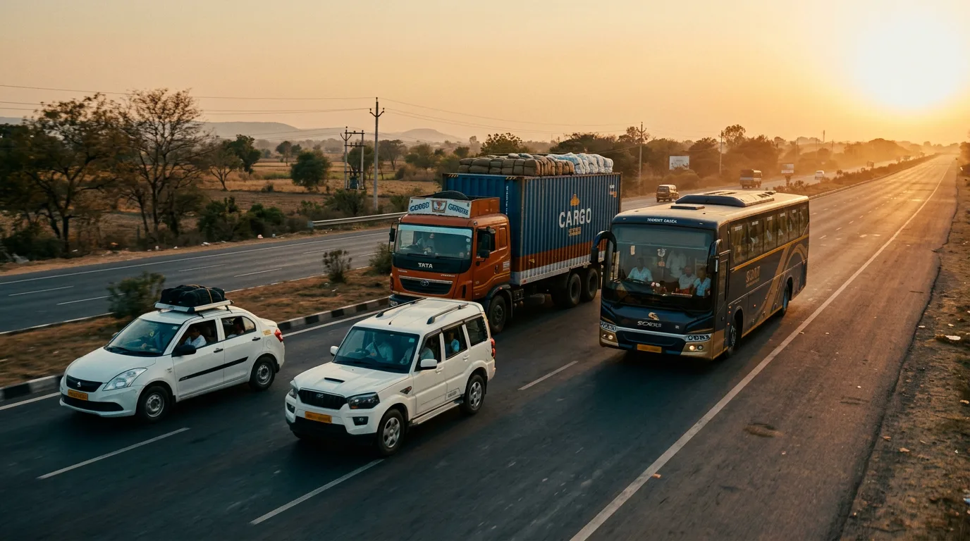 White sedan taxi, SUV, container truck and luxury coach travelling together on an Indian highway at golden hour